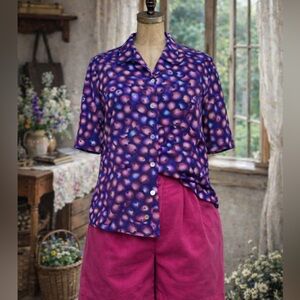 Vintage 1990s Liz Claiborne Silk, Cherry Print Pink & Purple Short Sleeve Blouse